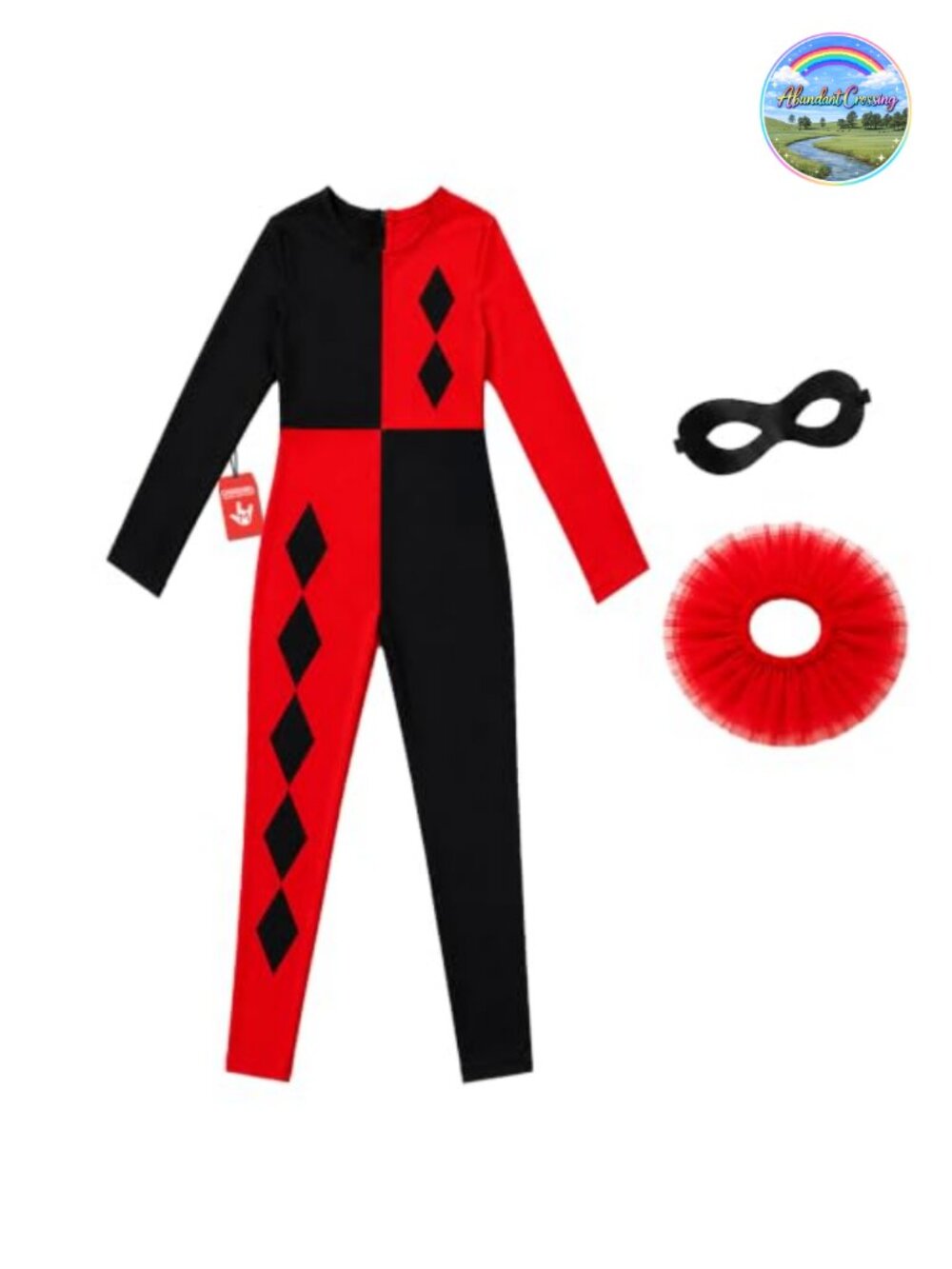 Harlequin Jester Costume Women Diamond Print Catsuit Mesh Collar Eye Mask
